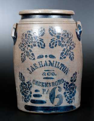 JAS. HAMILTON & CO. / GREENSBORO, PA Six-Gallon Stoneware Jar w/ Stenciled Rose Decoration