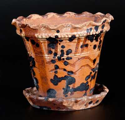 Unusual Redware Flowerpot with Crimped Rim, Tooled Design and Manganese Decoration