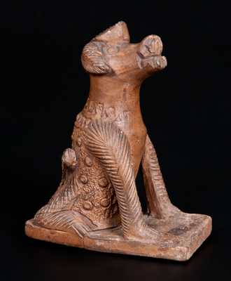 Unusual Unglazed Pottery Dog on Base w/ Elaborate Punched and Scored Decoration, probably Ohio