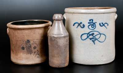 Lot of Three: Stoneware Vessels, ROOT BEER Bottle and Two Crocks w/ Slip-Trailed Decoration