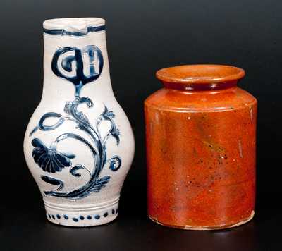 Lot of Two: Redware Jar and Westerwald Pitcher with GH in Incised Heart