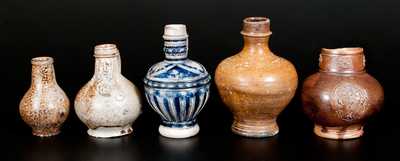 Lot of Five: Early Salt-Glazed German Stoneware Vessels, Raeren, Frechen, and Westerwald origins