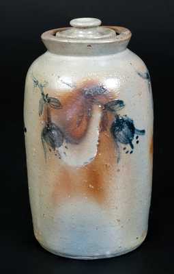 Rare Lidded JOHN BELL / WAYNESBORO Stoneware Canning Jar w/ Cobalt Floral Decoration
