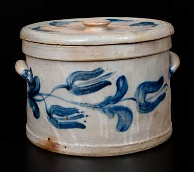 Exceptional JOHN BELL / WAYNESBORO Stoneware Cake Crock w/ Lid and Exuberant Cobalt Floral Decoration