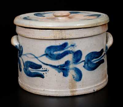 Exceptional JOHN BELL / WAYNESBORO Stoneware Cake Crock w/ Lid and Exuberant Cobalt Floral Decoration