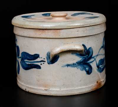 Exceptional JOHN BELL / WAYNESBORO Stoneware Cake Crock w/ Lid and Exuberant Cobalt Floral Decoration