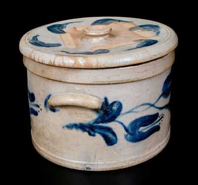 Exceptional JOHN BELL / WAYNESBORO Stoneware Cake Crock w/ Lid and Exuberant Cobalt Floral Decoration