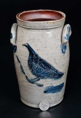 Exceptional Miniature Stoneware Churn w/ Detailed Incised Bird, Inscribed 