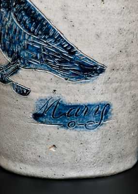 Exceptional Miniature Stoneware Churn w/ Detailed Incised Bird, Inscribed 