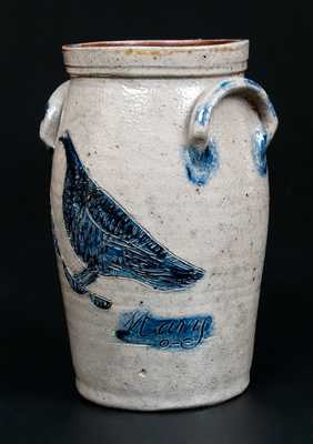 Exceptional Miniature Stoneware Churn w/ Detailed Incised Bird, Inscribed 