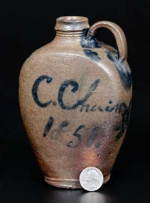 Outstanding probably James River Basin, Virginia Stoneware Handled Flask Inscribed C. Chain / 1851