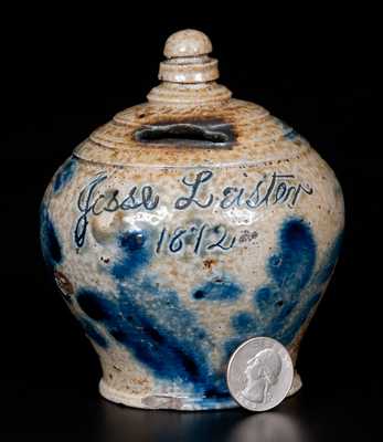 Rare Richard Remmey, Philadelphia, Stoneware Bank Inscribed "Jesse Leister / 1872" w/ Elaborate Floral Decoration