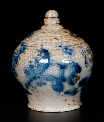 Rare Richard Remmey, Philadelphia, Stoneware Bank Inscribed "Jesse Leister / 1872" w/ Elaborate Floral Decoration