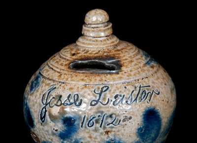 Rare Richard Remmey, Philadelphia, Stoneware Bank Inscribed "Jesse Leister / 1872" w/ Elaborate Floral Decoration