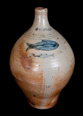 Exceptional BOSTON Stoneware Jug w/ Impressed Large and Small Fish, circa 1795
