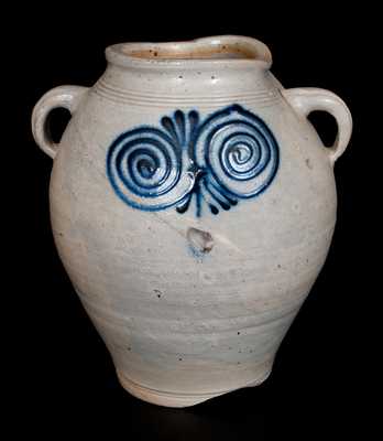 Rare Stoneware Jar with Vertical Handles and Bold Watchspring Decoration, probably Cheesequake, NJ, c1775