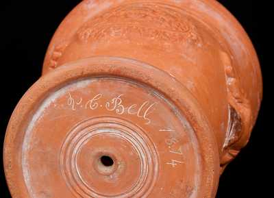 Exceptional JOHN BELL Redware Urn Signed V. C. Bell (Victor Conrad Bell), Waynesboro, PA, 1874