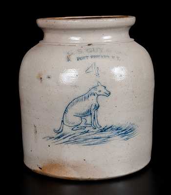Extremely Rare G. S. GUY & CO. / FORT EDWARD, NY Stoneware Jar w/ Incised Dog