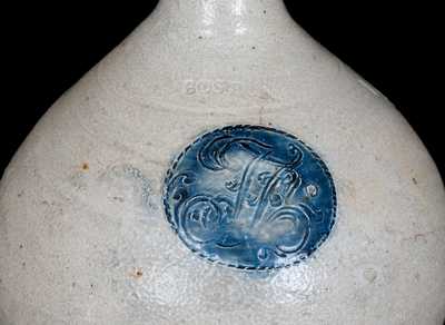 Very Rare Jonathan Fenton, BOSTON Stoneware Jug w/ Cartouche Featuring Potter s Initials, c1795