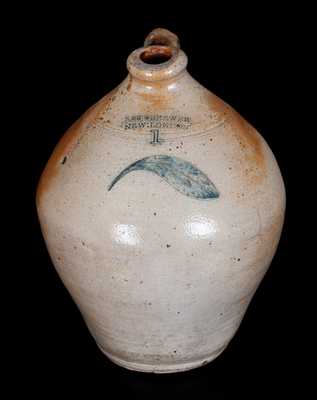 Very Rare S. T. BREWER / NEW LONDON, CT Stoneware Jug w/ Incised Leaf, 1828-1830