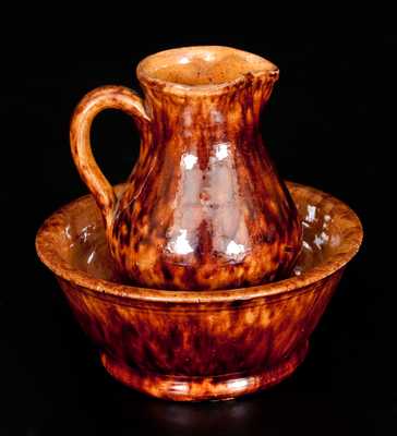 Rare Miniature Glazed Redware Pitcher and Bowl Set, Stamped