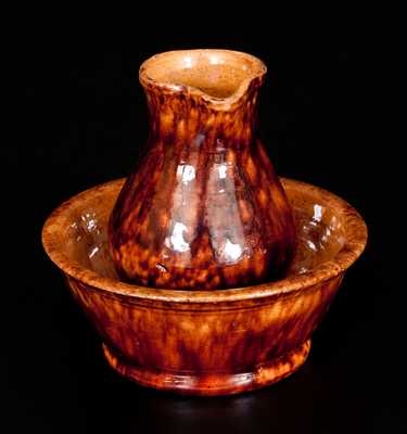 Rare Miniature Glazed Redware Pitcher and Bowl Set, Stamped