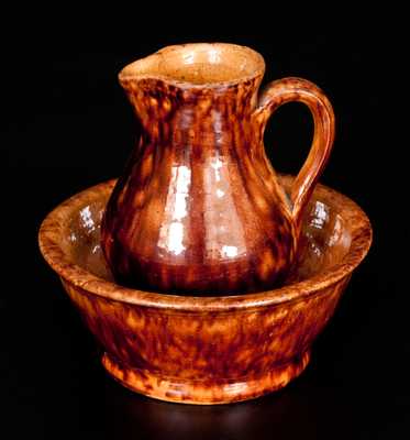 Rare Miniature Glazed Redware Pitcher and Bowl Set, Stamped