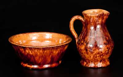 Rare Miniature Glazed Redware Pitcher and Bowl Set, Stamped