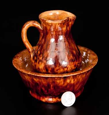 Rare Miniature Glazed Redware Pitcher and Bowl Set, Stamped 