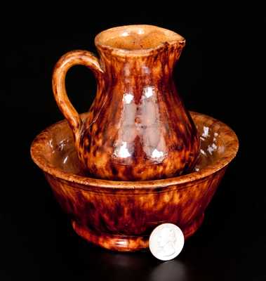 Rare Miniature Glazed Redware Pitcher and Bowl Set, Stamped