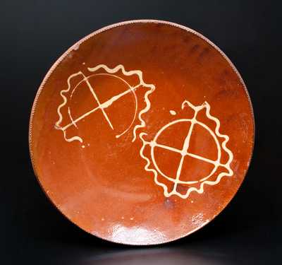 Rare Huntington, Long Island Redware Charger w/ Stamped Pinwheel Decoration