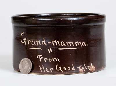 Rare Small Huntington, Long Island Stoneware Butter Crock Inscribed