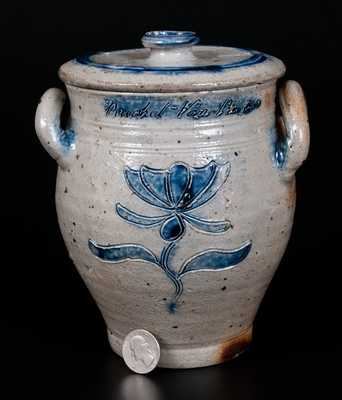 Very Important Diminutive Manhattan Stoneware Lidded Jar Inscribed Rachel Van Riper / November 10, 1800