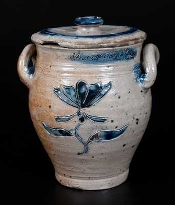 Very Important Diminutive Manhattan Stoneware Lidded Jar Inscribed Rachel Van Riper / November 10, 1800