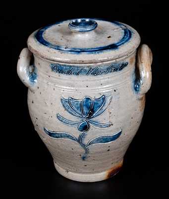 Very Important Diminutive Manhattan Stoneware Lidded Jar Inscribed Rachel Van Riper / November 10, 1800