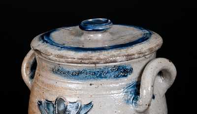 Very Important Diminutive Manhattan Stoneware Lidded Jar Inscribed Rachel Van Riper / November 10, 1800