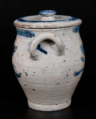 Very Important Diminutive Manhattan Stoneware Lidded Jar Inscribed Rachel Van Riper / November 10, 1800