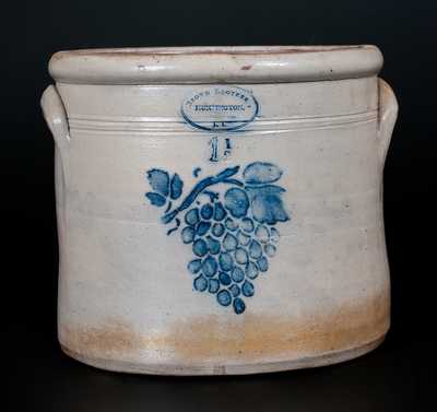 One-and-a-Half-Gallon BROWN BROTHER , / HUNTINGTON, / L.I. Stoneware Crock w/ Stenciled Grapes