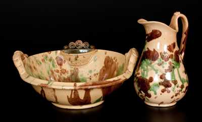 Shenandoah Valley Multi-Glazed Redware Pitcher and Washbowl Set, att. S. Bell & Sons, Strasburg, VA, circa 1890