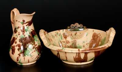 Shenandoah Valley Multi-Glazed Redware Pitcher and Washbowl Set, att. S. Bell & Sons, Strasburg, VA, circa 1890