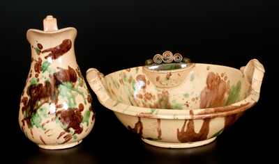 Shenandoah Valley Multi-Glazed Redware Pitcher and Washbowl Set, att. S. Bell & Sons, Strasburg, VA, circa 1890