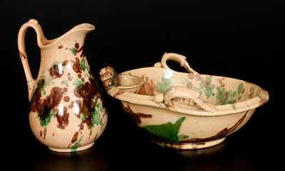 Shenandoah Valley Multi-Glazed Redware Pitcher and Washbowl Set, att. S. Bell & Sons, Strasburg, VA, circa 1890