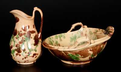 Shenandoah Valley Multi-Glazed Redware Pitcher and Washbowl Set, att. S. Bell & Sons, Strasburg, VA, circa 1890