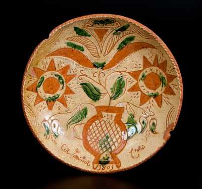 Important Andrew Uhler 1803 Sgraffito Redware Plate w/ Exuberant Decoration and Rare Impressed Maker s Mark