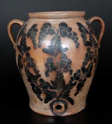 Extremely Rare 10 Gal. Double-Handled Baltimore Stoneware Water Cooler w/ Profuse Cobalt Floral Decoration