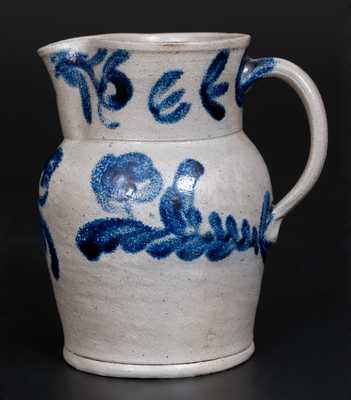 Very Fine Quart Baltimore Stoneware Pitcher w/ Vibrant Cobalt Floral Decoration