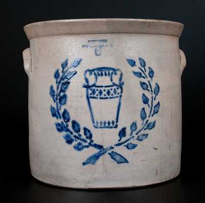 Rare Six-Gallon SOMERSET POTTERS WORKS Crock w/ Stenciled Cobalt Urn and Wreath