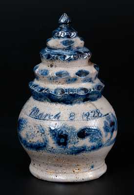 Exceptional Stoneware Bank w/ Stepped Finial and Floral Decoration Inscribed 