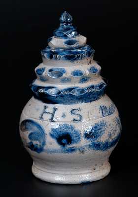 Exceptional Stoneware Bank w/ Stepped Finial and Floral Decoration Inscribed 