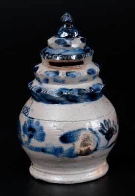 Exceptional Stoneware Bank w/ Stepped Finial and Floral Decoration Inscribed 